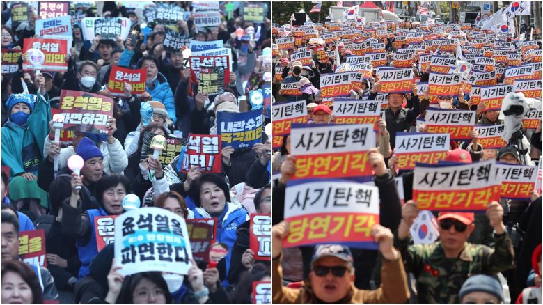 윤석열 대통령 탄핵심판 선고를 하루 앞둔 3일 서울 종로구 안국역 인근에서  윤석열 대통령 파면 촉구집회(왼쪽)와 탄핵기각 집회가 각각 열렸다./연합뉴스