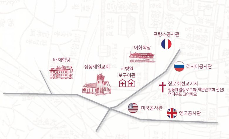 벧엘예배당이 완공됐을 당시 정동제일교회 주변 약도. 교회 왼쪽엔 배재학당, 오른쪽엔 이화학당이 자리하고 주변에 외교 공간이 들어선 모습이다. /정동제일교회