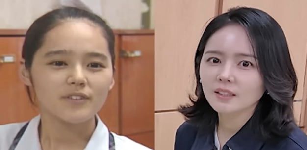 학창 시절 한 방송사와 뉴스 인터뷰를 하던 한가인(왼쪽)과 현재 사진./유튜브 '자유부인'