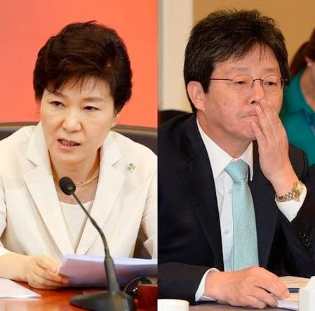 박근혜 대통령이 2015년 6월 25일 국무회의에서 국회법 개정안 거부권을 행사하며, 자신의 비서실장이었던 유승민 새누리당 원내대표(오른쪽)를 겨냥해 "배신의 정치를 심판해달라"고 말하는 모습. /조선일보DB