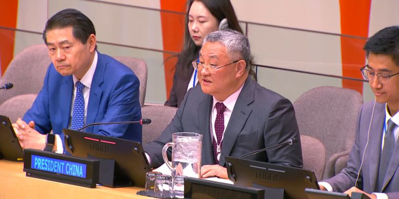 주유엔 푸총 중국 대사가 23일 유엔 안전보장이사회 회의에서 관세 문제를 두고 미국을 정면으로 비판했다./유엔