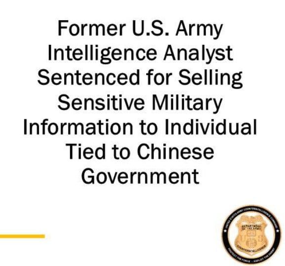 미 육군 방첩사령부가 23일 중국에 매수돼 한미연합훈련 등 미군 기밀 정보를 넘긴 혐의로 기소된 코빈 슐츠가 징역 7년을 선고받았다고 페이스북에 발표했다./미 육군 방첩사 페이스북