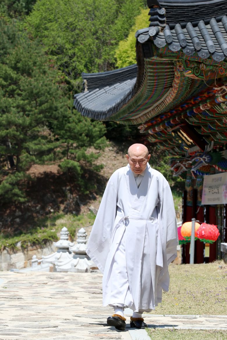 경북 봉화 축서사 경내를 걷고 있는 무여 스님. 스님은 사진 촬영 후에도 한 신도가 참선수행에 대해 질문하자 친절하게 방법을 설명했다. /신현종 기자