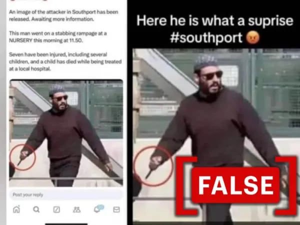 /로지컬리사우스포트 흉기 난동의 범인의 모습이라며 사진 속 남성이라고 지목한 소셜미디어 게시글을 '로지컬리'가 거짓 정보로 판명했다.