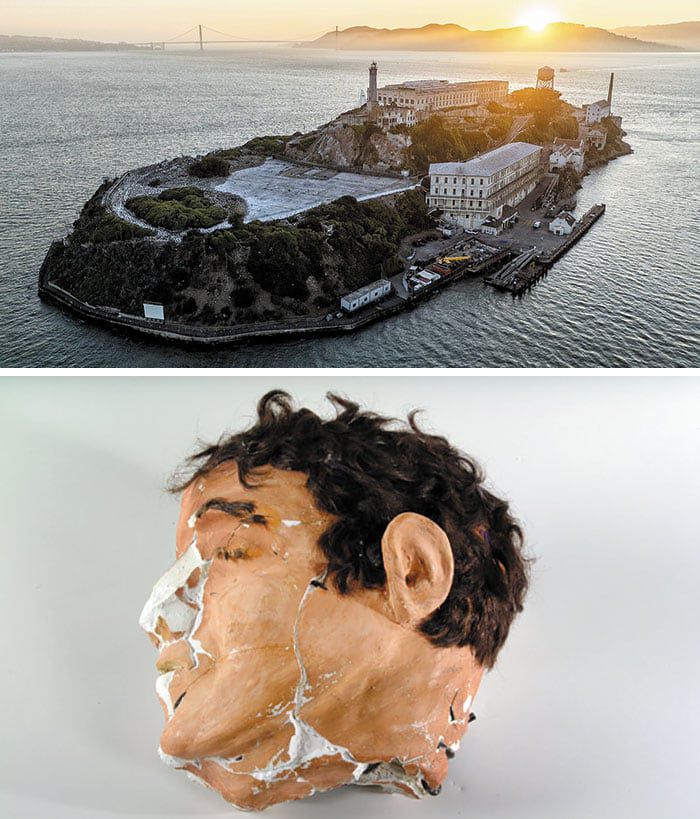 앨커트래즈섬 전경(위)과 1962년 이 섬의 교도소에서 탈옥을 시도한 3인조가 시간을 벌기 위해 사용한 머리 모형. 침대에 모형을 놓아 사람이 누워있는 것처럼 가장했다. /AP 연합뉴스·미 국립공원관리청