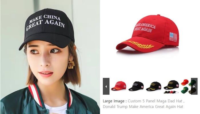 중국 광저우의 대형 모자 제조 공장은 중국어판 홈페이지(왼쪽)에서는 도널드 트럼프 미국 대통령의 선거 구호인 ‘미국을 다시 위대하게(MAGA)’를 변형한 ‘중국을 다시 위대하게(MCGA)'가 적힌 모자를 팔고, 영문 홈페이지에선 MAGA 모자를 주문받고 있다./광저우관다