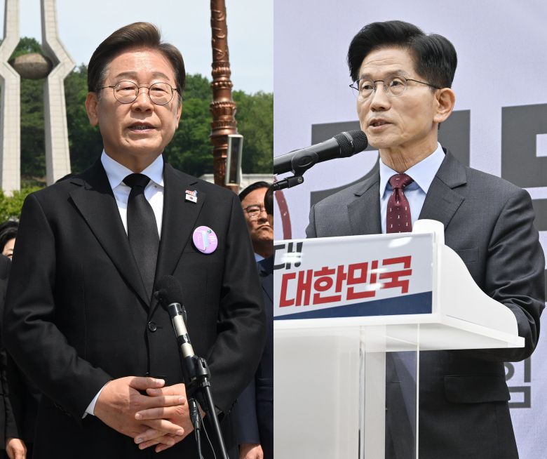 이재명 더불어민주당 대통령 후보(왼쪽)가 18일 광주 북구 국립5·18민주묘지에서 열린 '제45주기 5·18 민주화운동기념식'에 참석한 뒤 취재진 질문에 답하고 있다. 오른쪽은 여의도 당사에서 경제 분야 공약을 발표하는 김문수 국민의힘 후보. /뉴스1