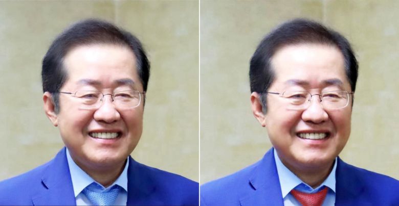 홍준표 전 대구시장이 19일 페이스북 커버사진을 파란 넥타이를 착용한 사진(왼쪽)으로 게시했다가 4시간 뒤 빨간 넥타이 사진(오른쪽)으로 바꿨다./페이스북 캡쳐·연합뉴스