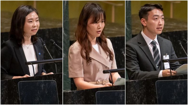 20일 미국 뉴욕 유엔본부에서 열린 북한 인권관련총회 고위급회의에서 증언하는 탈북자 김은주, 강규리씨와 한보이스 션 정 대표.(왼쪽부터)./유엔