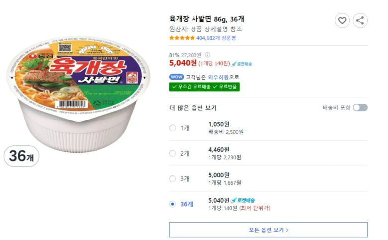 지난 21일 쿠팡에 육개장 사발면 36개를 5040원에 판매하는 글이 올라왔다 삭제됐다./온라인 커뮤니티
