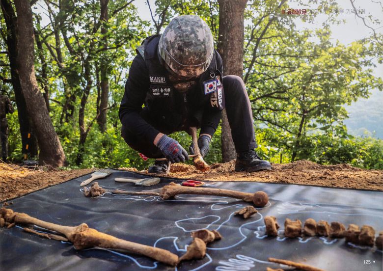 화살머리고지 발굴 현장에서 송기원 DMZ 발굴 3팀장이 수습한 뼛조각을 맞추고 있다. /이상철 장군 제공
