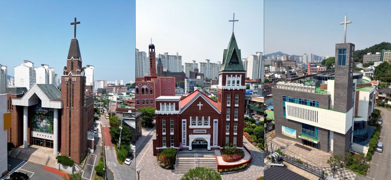 광주광역시 양림동에는 반경 500m 이내에 세 개의 '양림교회'가 있다. 유진 벨 선교사가 세운 같은 뿌리에서 나온 교회로 각각 다른 교단 소속인 세 교회는 특징에 따라 '웃 교회(기장 교단. 왼쪽)' '정원 교회(예장통합 교단. 가운데)' '계단 교회(예장합동 교단. 오른쪽)'라는 애칭으로 불린다. 세 교회는 '100년사'를 함께 펴냈고 매년 연합 찬양 예배를 드리는 등 함께하는 모습을 보여 개신교계에 모범을 보이고 있다./김영근 기자