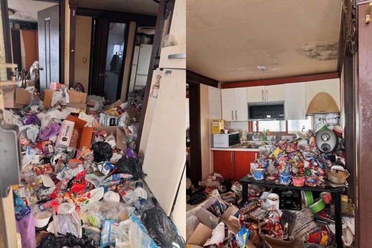경기도 부천에 사는 우모(34)씨의 집 내부가 쓰레기로 가득차 있다. /이랜드복지재단