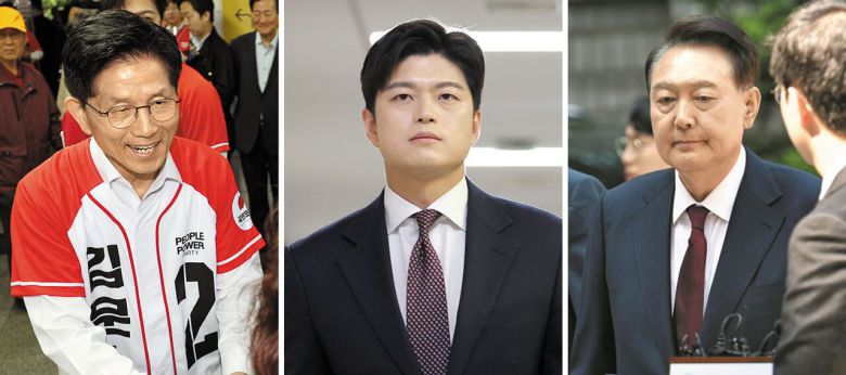 김용태 국민의힘 비상대책위원장이 1일 "탄핵 반대 당론을 무효화하겠다"며 윤석열 전 대통령과 완전한 절연을 선언했다. 왼쪽 사진은 대선 유세 중인 김문수 후보, 가운데는 국회 기자 간담회를 여는 김용태 위원장, 오른쪽은 내란 사건 재판에 출석하는 윤 전 대통령 모습.  /연합뉴스·사진공동취재단