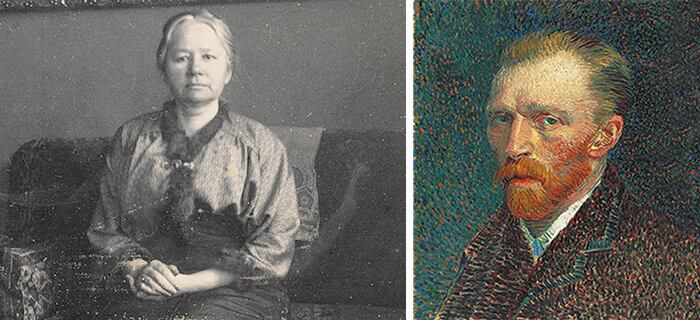 1915년 암스테르담의 자택 거실 소파에 앉아 있는 요. 오른쪽 사진은 1887년 그린 것으로 추정되는 빈센트 반 고흐의 자화상. /아트북스·시카고 미술관