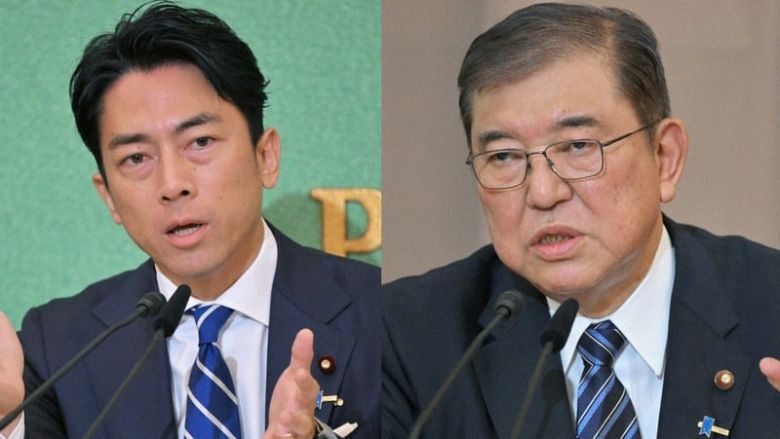고이즈미 신지로(왼쪽) 일본 농림수산상과 이시바 시게루 총리/마이니치신문 디지털