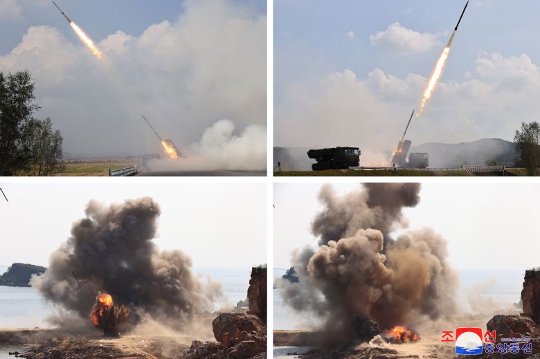 북한이 지난해 10월 유도 기능을 적용한 240㎜ 방사포(다연장로켓포)의 시험사격이라며 공개했던 사진. /조선중앙통신 연합뉴스