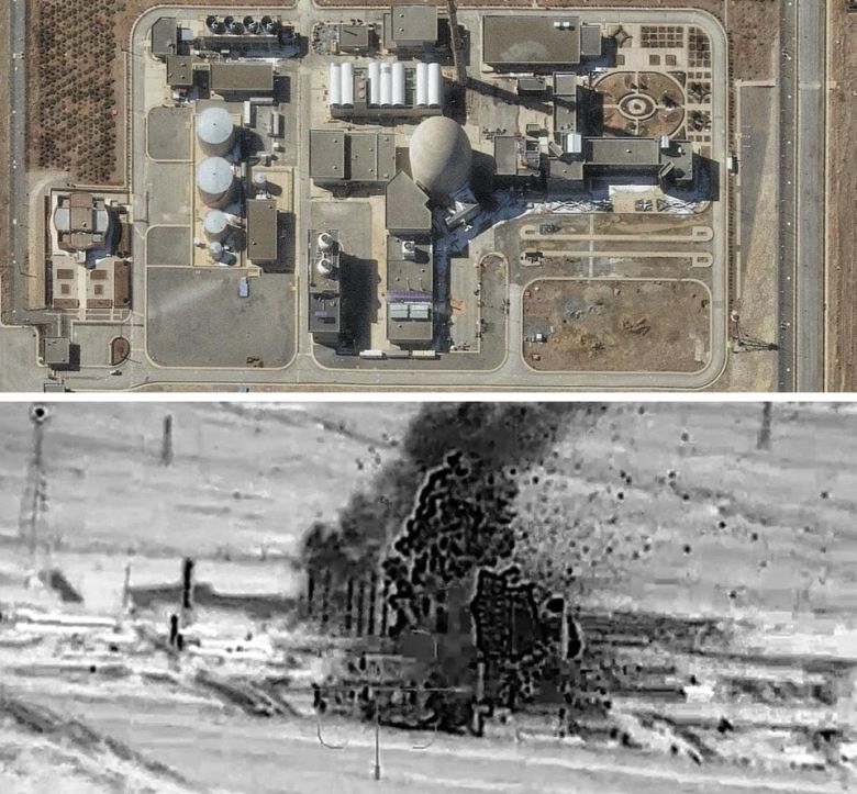 이스라엘 폭탄, 이란 원자로 정확히 직격 - 미국 민간 위성 기업 맥사 테크놀로지가 지난 2월 공개한 이란 핵 시설 중 하나인 아라크 중수로 시설 전경(위). 둥근 지붕 형태의 원자로 시설을 중심으로 건물들이 들어서 있다. 아래는 이스라엘군 공습으로 19일 아라크 중수로에서 화염이 피어오르는 모습. 이스라엘은 지난 13일부터 이란의 핵 시설을 집중 타격하고 있다. /맥사 테크놀로지·이스라엘군