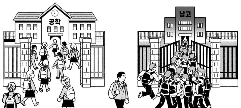 전국 공학 고교는 내신 우위를 노린 여학생들이 몰려 '여고화' 되는 경우가 흔하다. 반면 남학생들은 여학생을 피해 남고에 가려는 수요가 높다. 지역별 남고에 지원이 몰리거나 아예 집 전체가 남고 근처로 이사를 가기도 한다. /일러스트=김영석