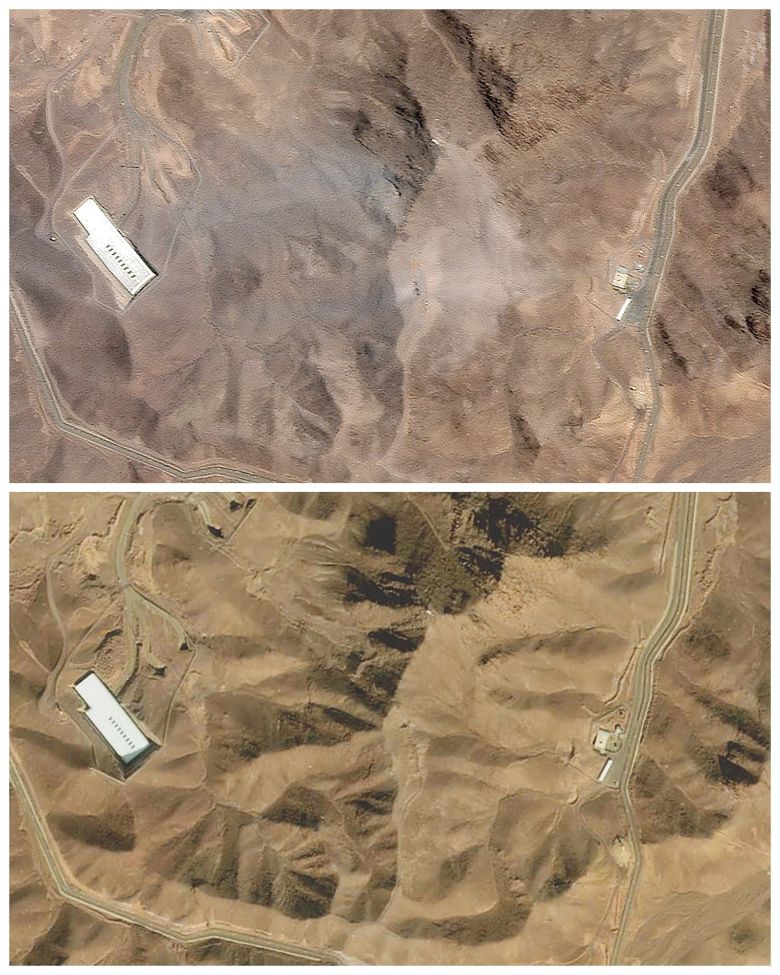 22일 플래닛 랩스 PBC가 촬영한 이란 포르도 지하 핵 농축 시설의 미국 공습 후 위성 사진(위) , 아래는 지난 2월 12일 막사 테크놀로지스가 촬영한 폭격 전 위성사진./AP·로이터 연합뉴스