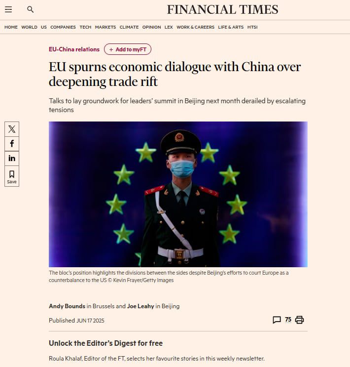 파이낸셜타임스(FT)는 6월17일 "무역 갈등이 깊어지면서 EU가 중국 측의 고위급 경제무역 대화를 거부했다"고 보도했다. /FT 캡처