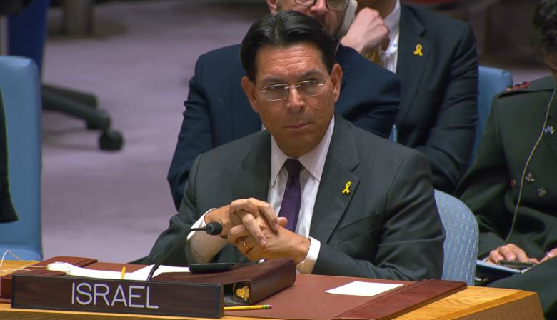 대니 다논 주유엔 이스라엘 대사는 22일 유엔 안전보장이사회 회의에서 미국과 도널드 트럼프 대통령에게 수차례 감사를 전했다./유엔