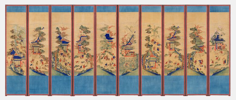 미국 덴버미술관 소장 '백동자도 병풍'이 보존처리를 끝내고 공개된 모습. 조선 19~20세기. 각 폭 141.5×34.5cm. /국립고궁박물관