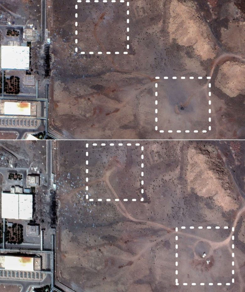 막사 테크놀로지가 추가 공개한 이란 나탄즈 핵 시설 위성 사진. 미군 공습 이후 지난 22일 포착된 건물 주변 구멍들(위 사진)이 24일 찍힌 사진에선  흙으로 덮인 모습./로이터 연합뉴스