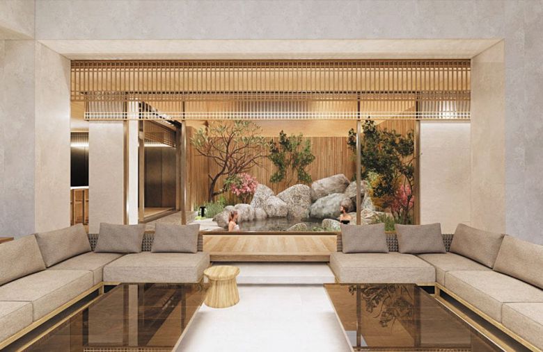 실내 노천 온천과 15m 야외풀이 있는 그랜드빌라 실내 모습.