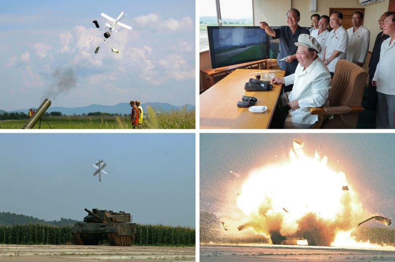 북한 김정은 국무위원장이 지난해 8월 24일 국방과학원 무인기연구소에서 조직한 각종 무인기들의 성능시험을 현지에서 지도하는 모습. 북한 노동신문에는 무인기가 자폭 공격하는 사진도 실었다. /노동신문 뉴스1
