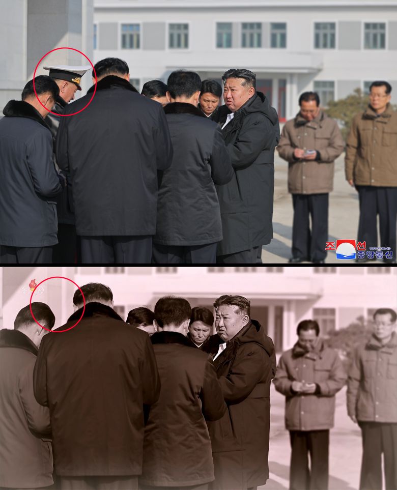 북한 조선중앙TV가 지난 13일 방영한 구축함 '강건호' 진수기념식 영상에서 김정은 국무위원장의 지난 3월 함선건조사업 현지시찰 사진(위)을 재공개하면서 당초 김 위원장과 함께 있던 김명식 전 해군사령관(아래)을 완전히 삭제한 채 편집해 내보냈다. /연합뉴스
