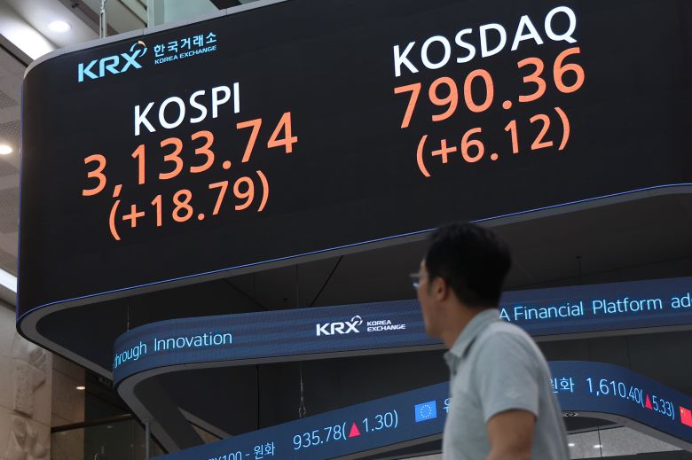 A screen at the Korea Exchange in Yeouido, Seoul, displays the benchmark KOSPI index on July 9, 2025. The index closed up 18.79 points, or 0.60 percent, at 3,133.74—surpassing the previous closing high for the year of 3,116.27 set on July 3./Yonhap