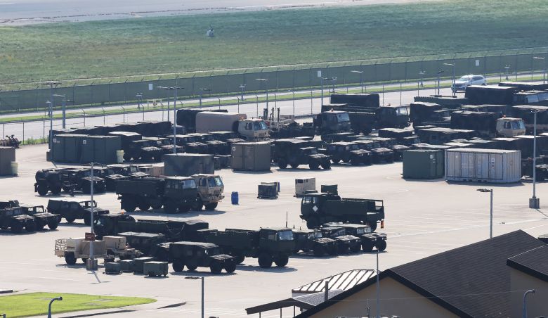 Vehicles are seen lined up at Camp Humphreys, a U.S. military base in Pyeongtaek, South Korea./U.S. Forces Korea