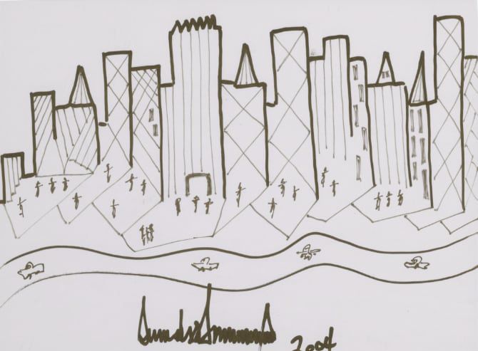 2003년 도널드 트럼프 대통령이 뉴욕의 한 비영리 단체에 기부한 그림. 맨해튼 리버사이드 사우스 개발 프로젝트를 묘사했다./소더비