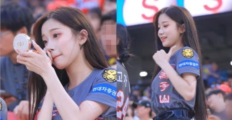 치어리더 이주은이 화장을 고친 후 삐끼삐끼 춤을 추고 있다. /뉴스1