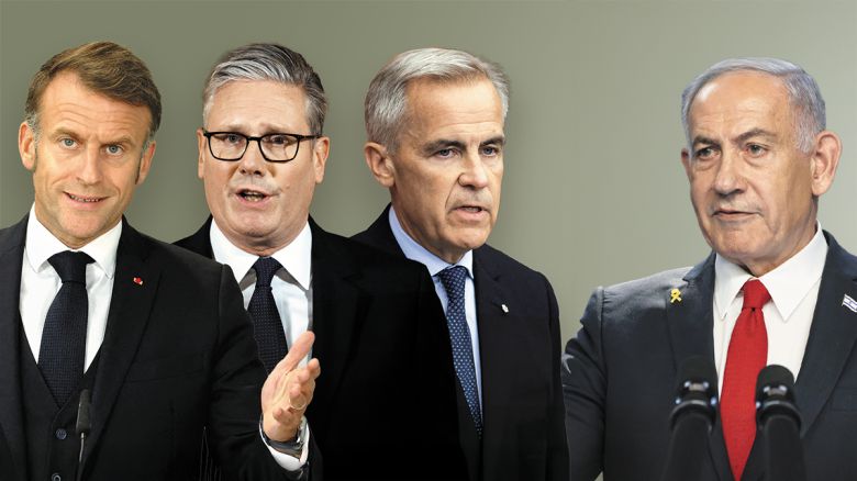 왼쪽부터 에마뉘엘 마크롱 프랑스 대통령, 키어 스타머 영국 총리, 마크 카니 캐나다 총리, 베냐민 네타냐후 이스라엘 총리/그래픽=정인성