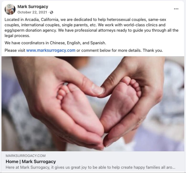 세계적인 의료 시설, 난자ㆍ정자 제공 기관과 협력해서 아기가 없는 이성ㆍ동성ㆍ국제 커플, 편부모를 돕는다는 내용의 ‘마크 대리출산’의 페이스북 홍보 게재물