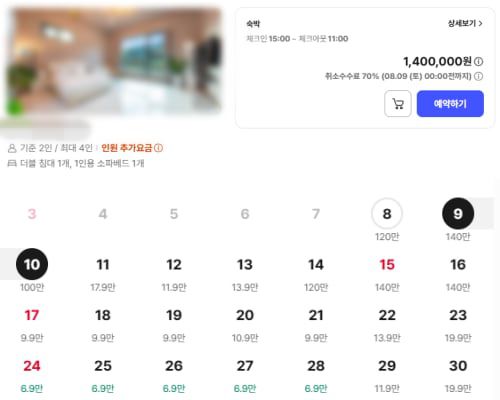 강원 홍천의 한 펜션은 9~10일 1박2일 일정의 최대 4인 기준 객실 이용 가격을 140만원에 제시했다. 17일 예약시 가격은 9만9000원이다. /숙박앱 홈페이지