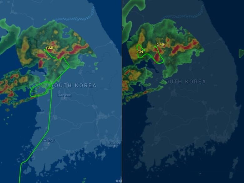 지난 13일 에어아시아 D7 506편의 말레이시아 쿠알라룸푸르에서 김포 비행 경로와(왼쪽),  김포에서 인천까지 비행 경로. /플라이트어웨어