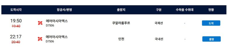 지난 13일 에어아시아 D7 506편의 김포공항 출발/도착 정보./김포국제공항