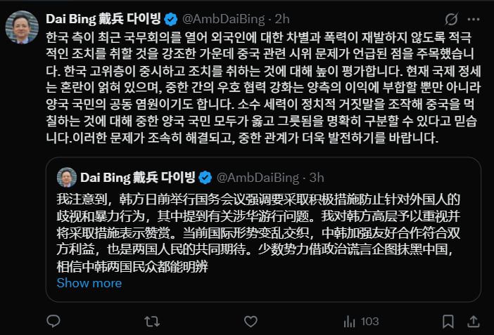 /다이 빙 주한 중국대사 X