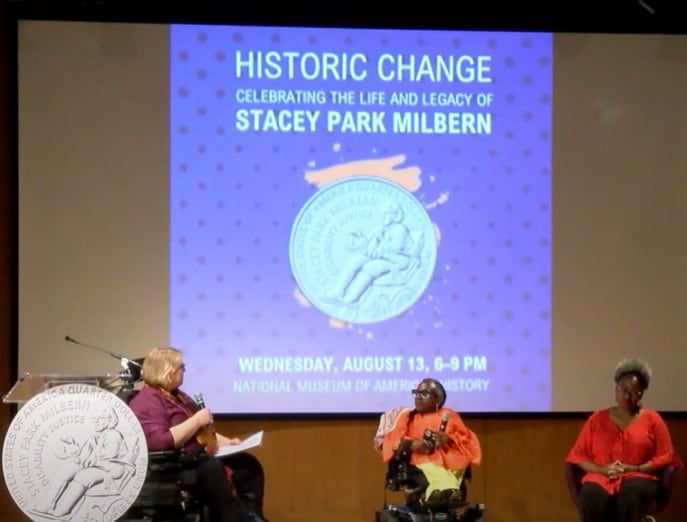 스테이시 박 밀번 기념 쿼터 발행 기념행사에서 고인과 함께 활동했던 장애인 인권운동가 등 참석 인사들이 대담하고 있다./스미스소니언 국립 여성사박물관 유튜브 캡처