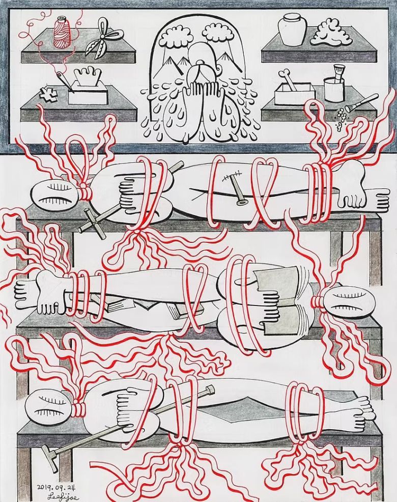 이피의 드로잉. 이 드로잉은 최근 출간된 김혜순 시집 '죽음 트릴로지' 표지에 쓰였다. /©Fi Jae lee