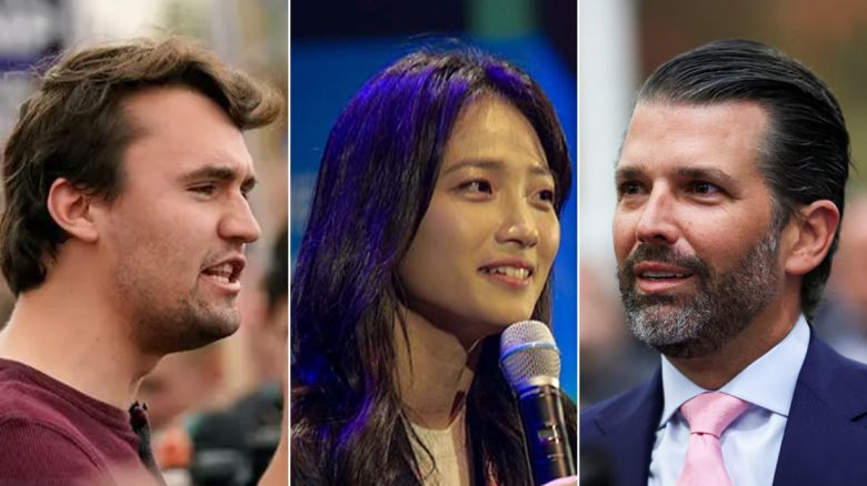 (왼쪽부터) 찰리 커크 '터닝 포인트 USA' 대표, 김민아 빌드업코리아 대표, 도널드 트럼프 주니어. /조선일보DB