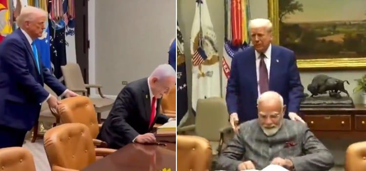 트럼프 대통령이 지난 4월 베냐민 네타냐후 이스라엘 총리와 지난 2월 나렌드라 모디 인도 총리의 의자를 밀어 넣어주는 모습./유튜브