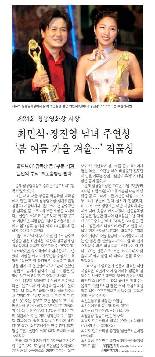 제24회 청룡영화상 여우주연상을 탄 장진영. 2003년 12월 12일자.