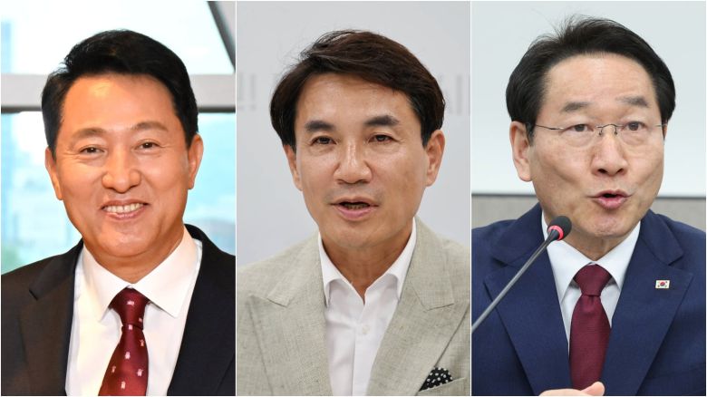 더불어민주당이 31일 “내란의 밤 당시 지방자치단체장 내란 가담 여부가 현재 3대 특검 수사의 사각지대”라며 특검 수사를 촉구한 오세훈 서울시장(왼쪽부터), 김진태 강원지사, 유정복 인천시장/서울시, 뉴스1