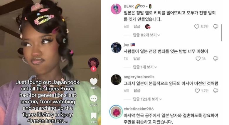 일본의 만행을 알린 틱톡커와 해당 게시물에 달린 댓글들. /틱톡