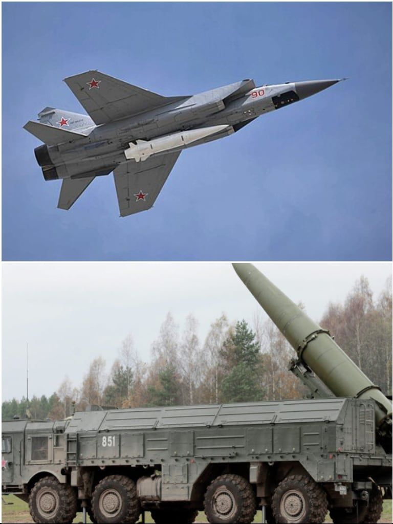미그-31에서 발사되는 극초음속 미사일 킨잘(위)과, 이스칸데르-M 미사일