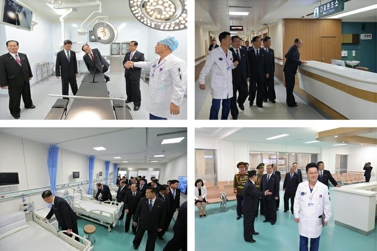 6일 준공식을 가진 평양종합병원 내부를 당 간부들이 돌아보고 있다./노동신문 뉴스1